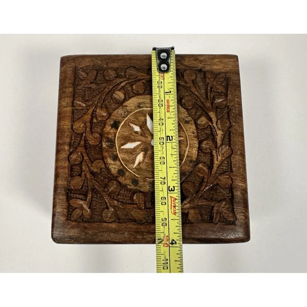 Carved Wood Trinket Jewelry Box Square Inlay Floral Made in India 4